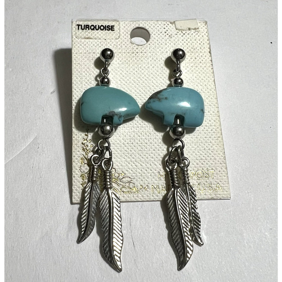 Silver Tone Turquoise Bear Bead and Dangle Feather Earrings Hypoallergenic Post - Picture 1 of 6
